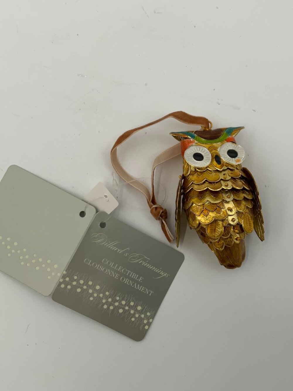 Dillards Trimmings Cloisonne Owl Ornament 4" Enamel Bird W/Velvet Gift Box NWT